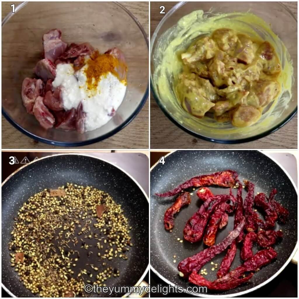 collage of 4 images showing how to make chicken ghee roast. It shows marinating the chicken and roasting spices.