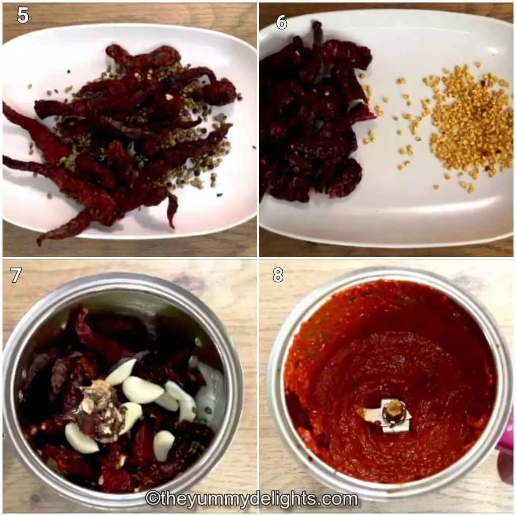 Collage image of 4 steps showing how to make ghee roasted masala for making kundapur chicken ghee roast.