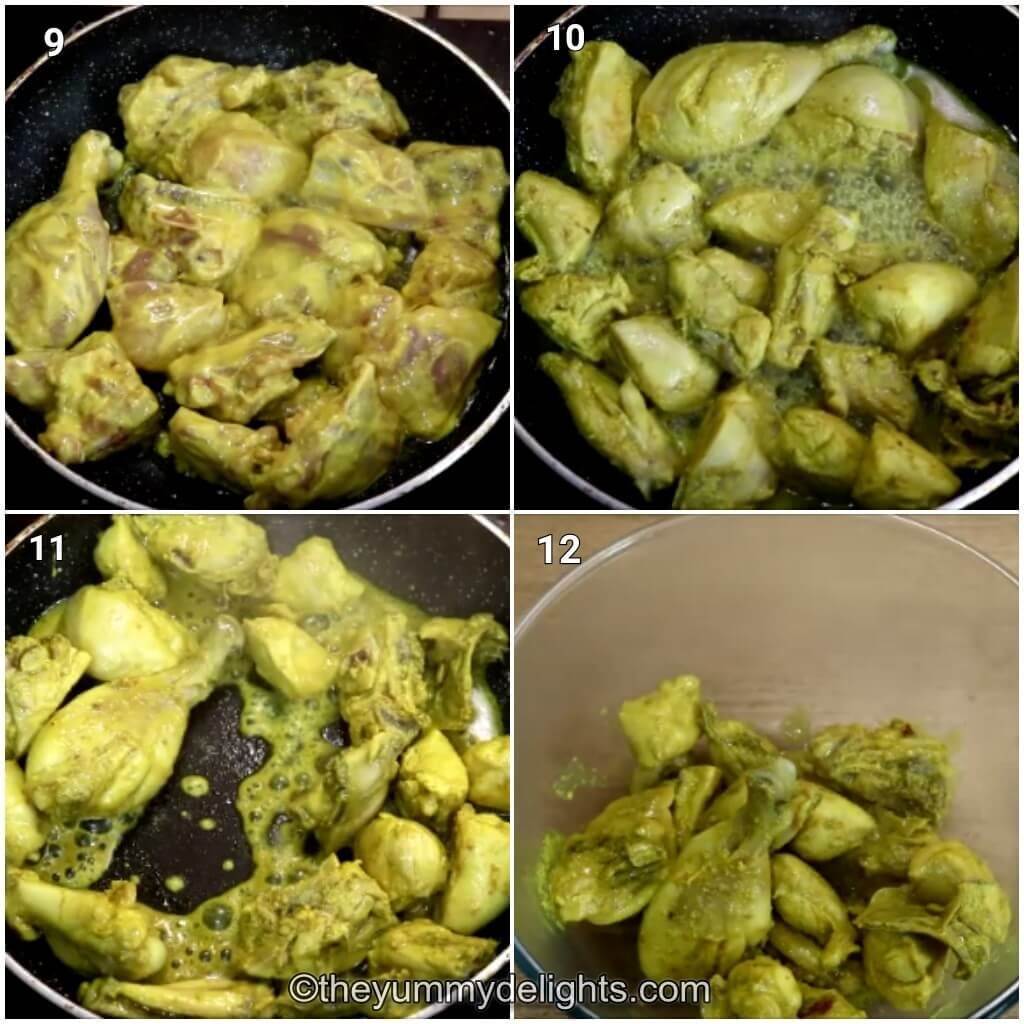 collage of 4 images showing roasting the marinated chicken in ghee.