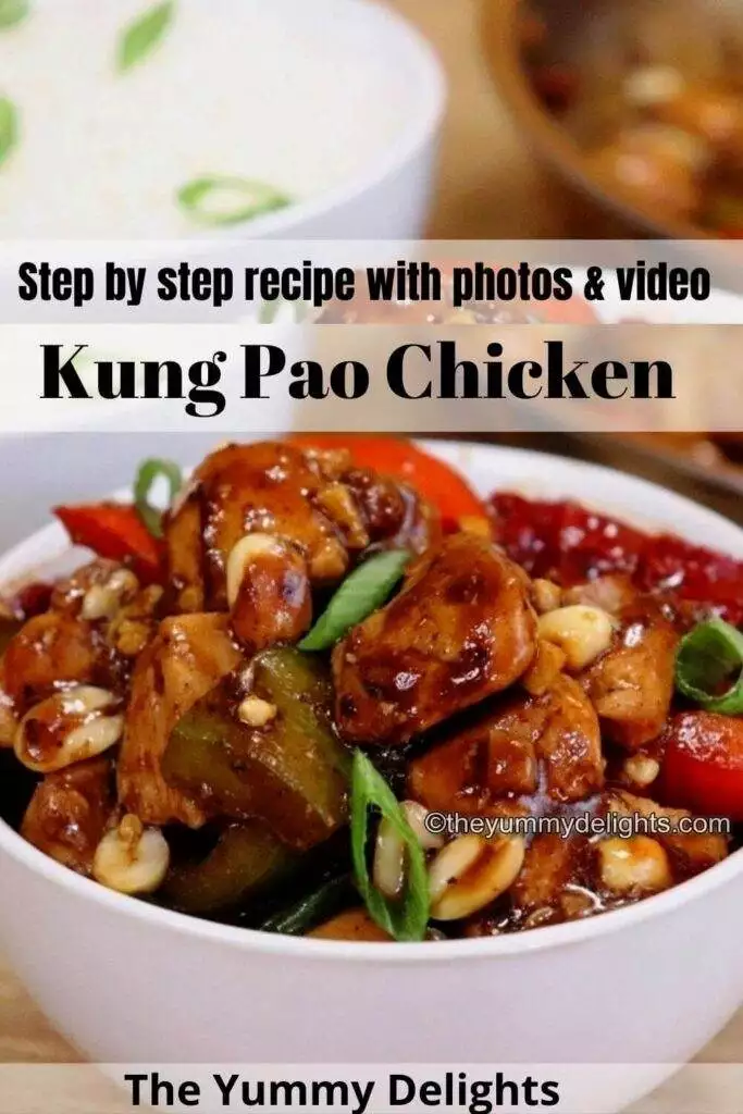 close-up of healthy kung pao chicken recipe. It is served with a bowl of white rice on the side.
