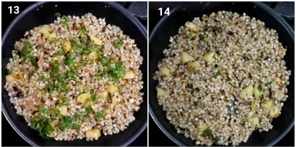 collage of two images showing addition of coriander leaves to sabudana khichdi recipe.