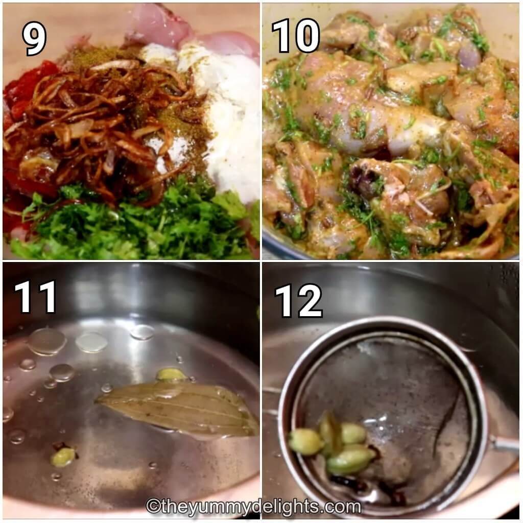 Collage image of 4 steps showing marinating the chicken and cooking rice.