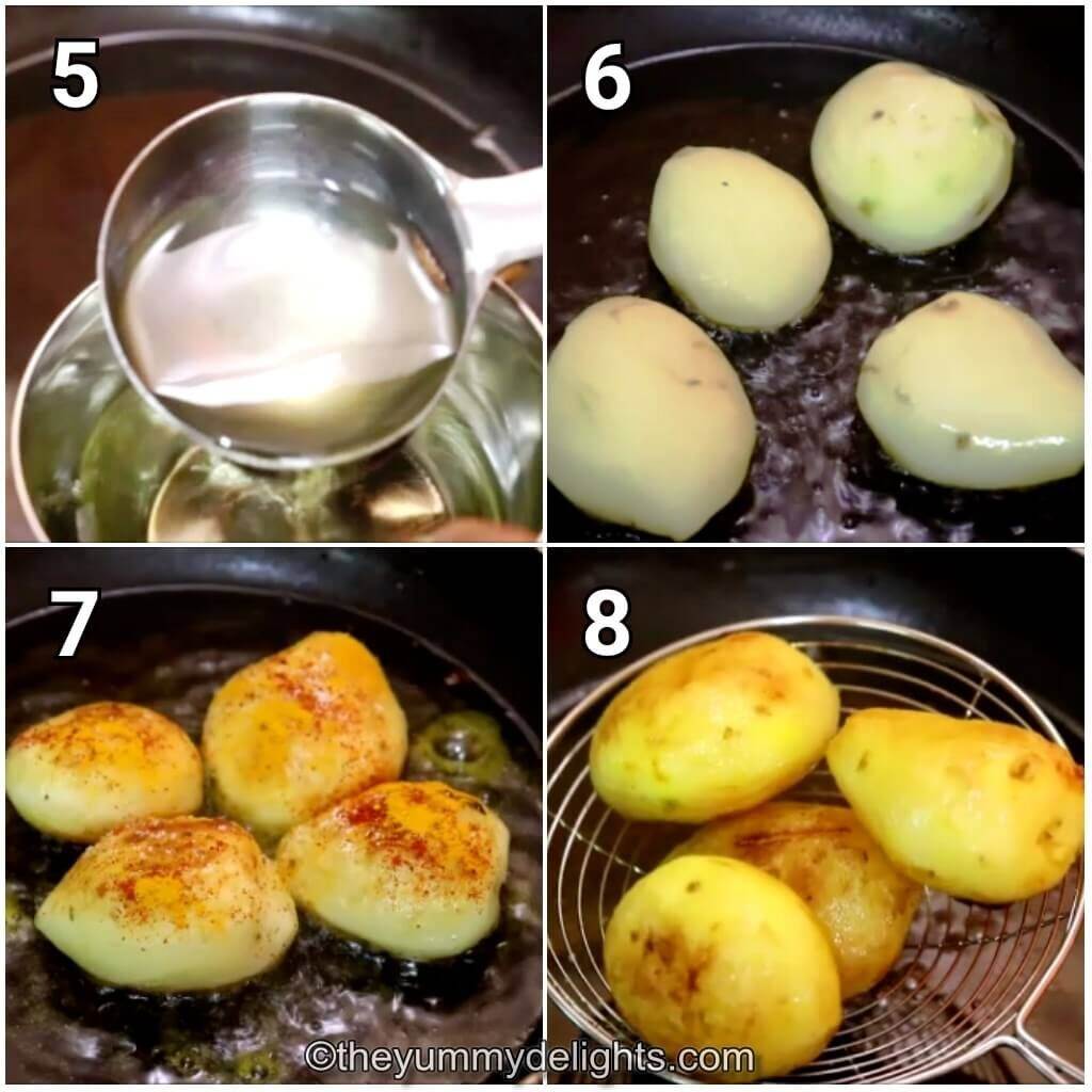 Collage image of 4 steps showing frying the potatoes.