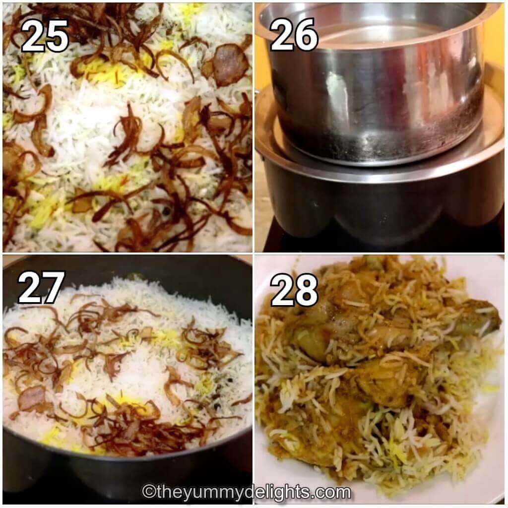 Collage image of 4 steps showing dum cooking the Kolkata biryani.
