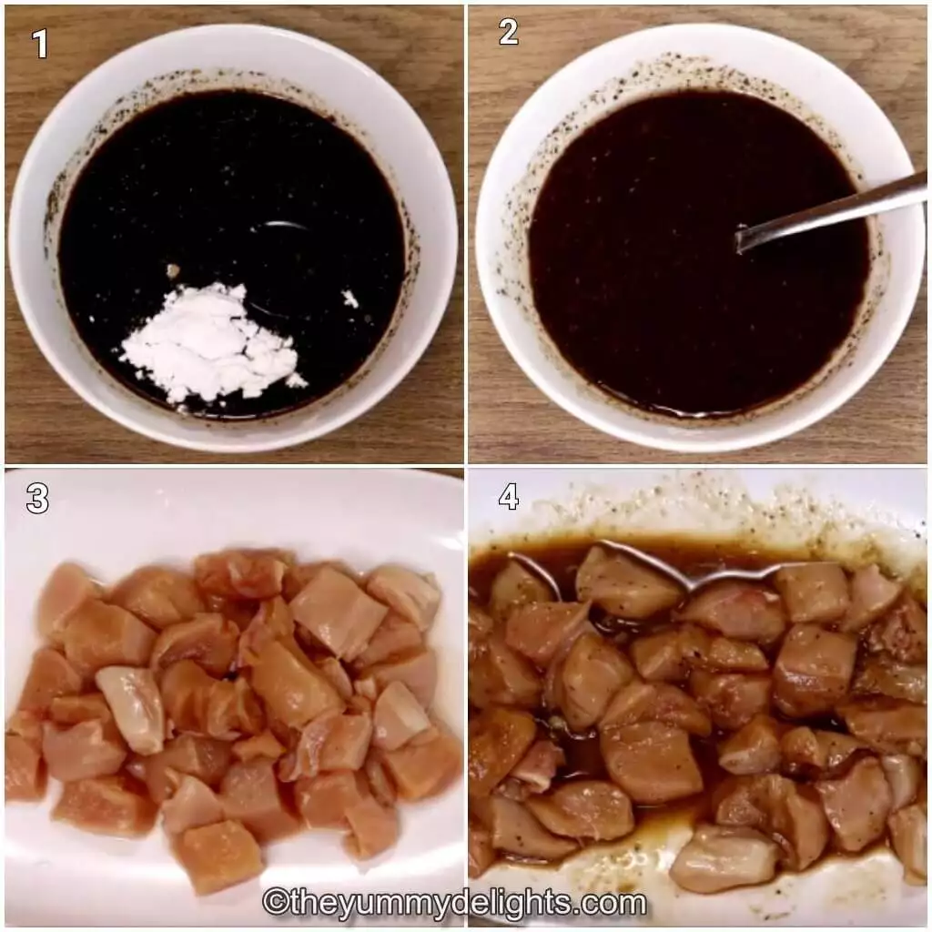 Collage image of 4 steps showing how to make kung pao sauce and marinating the chicken.