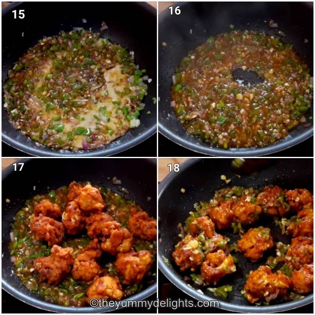 collage image of 4 steps showing addition of fried gobi to manchurian sauce and stir-frying it.