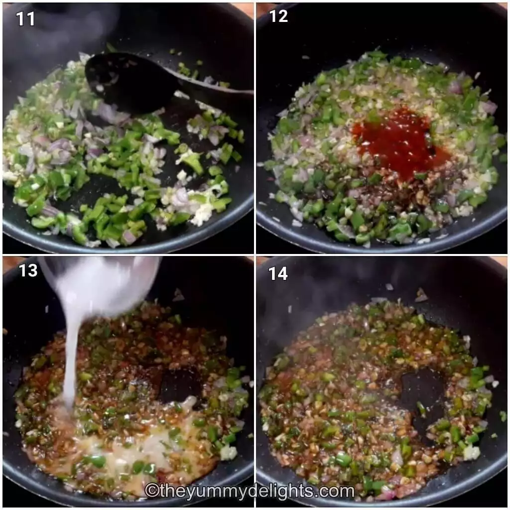collage image of 4 steps showing how to make gobi manchurian sauce. It shows sauteing ginger, garlic, onion and capsicum and addition of sauces and cornflour slurry to it.