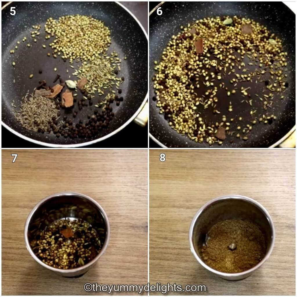 Collage image of 4 steps showing how to make masala powder for pepper chicken recipe. It shows roasting and grinding the ingredients.