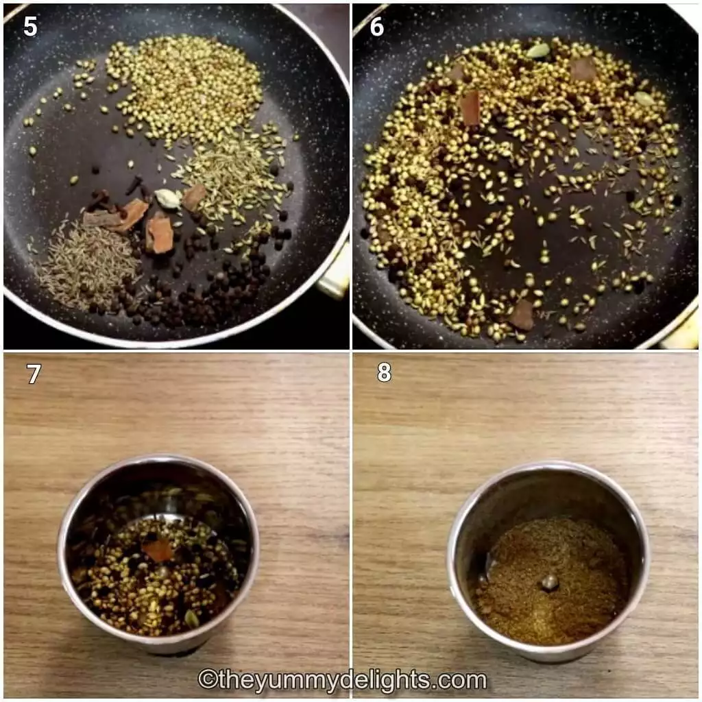 Collage image of 4 steps showing how to make masala powder for Indian pepper chicken recipe. It shows roasting and grinding the ingredients.