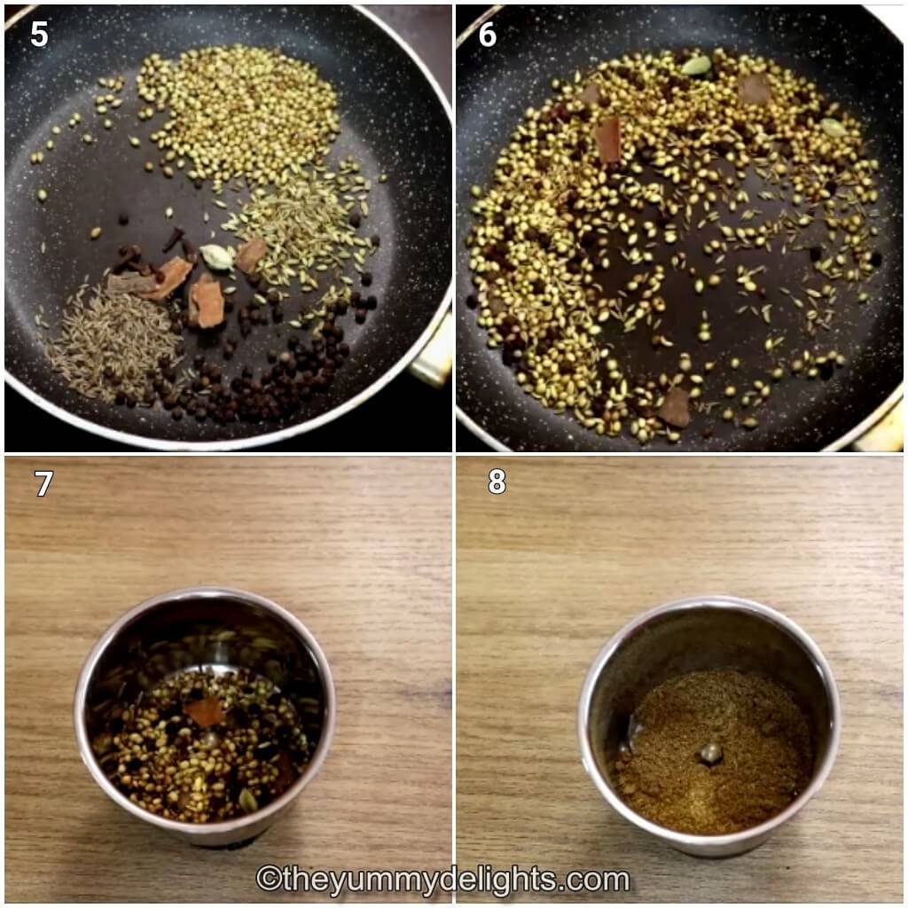 collage of 4 images showing making pepper chicken masala. It shows roasting and grinding the pepper masala.