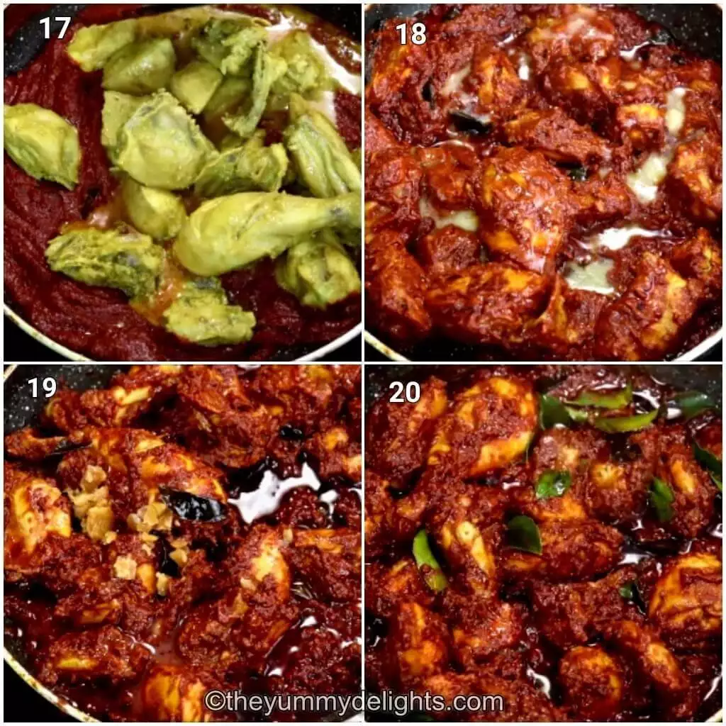collage of 4 images showing addition of chicken to ghee roasted masala and roasting the chicken with masala.