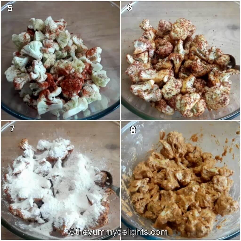 collage image of 4 steps showing how to make gobi manchurian restaurant style. It shows marinating gobi with spices, adding flour to it and making the batter.