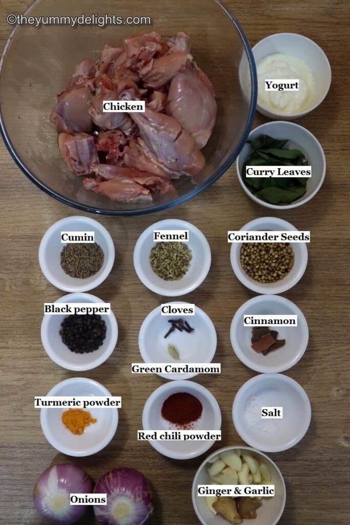 individually labeled ingredients to make pepper chicken recipe laid out on a table.