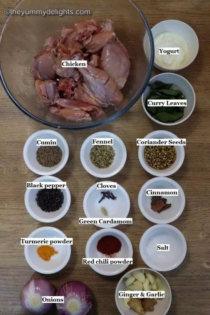 individually labeled ingredients to make Andhra pepper chicken recipe laid out on a table.
