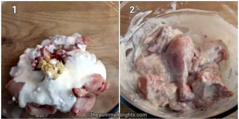 collage image of 2 steps showing preprations for making Andhra pepper chicken recipe. It shows marinating the chicken.