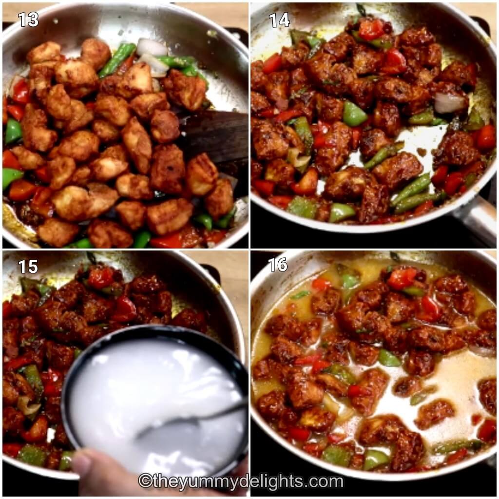 collage image of 4 steps showing addition of cornstarch to make restaurant style chilli chicken gravy recipe.