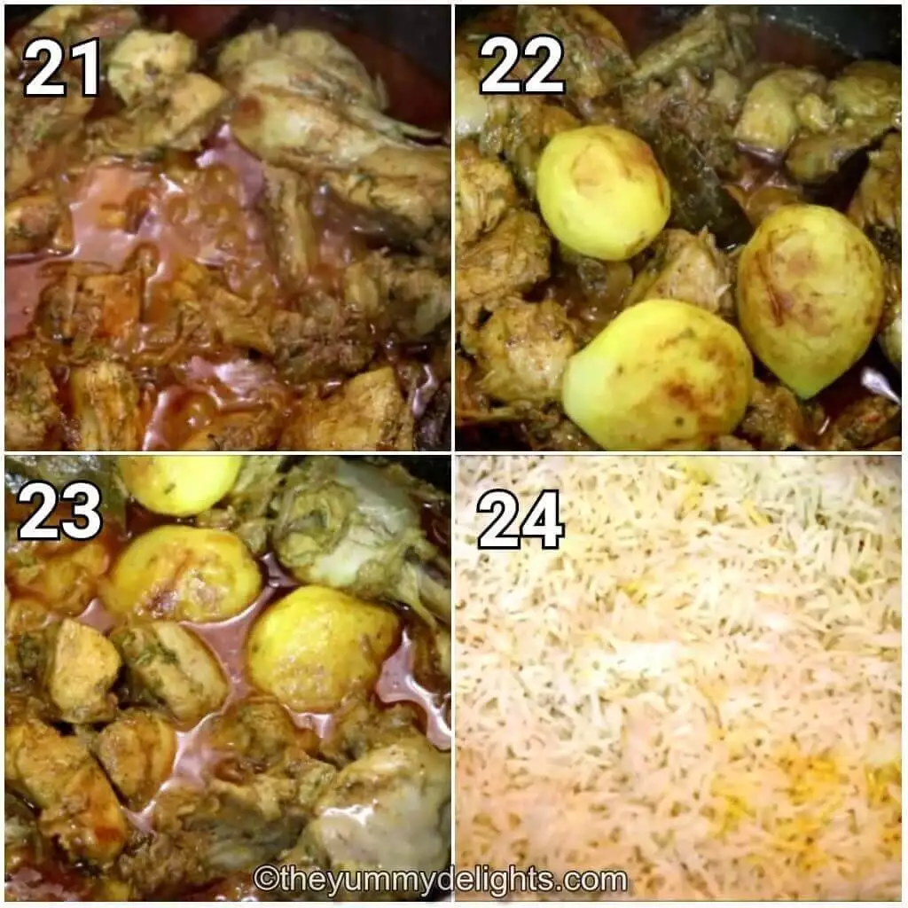 image collage of addition of potaotes and layering the rice over biryani gravy to make Kolkata chicken biryani.