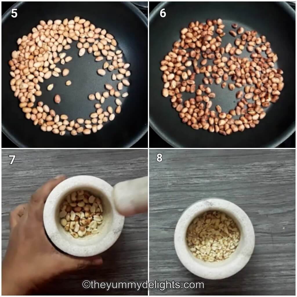 Collage image of 4 steps showing roasting the peanuts and crushing it to make Maharashtrian sabudana khichdi.