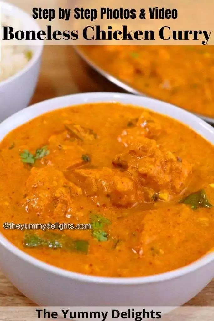 boneless chicken curry served in a white bowl with jeera rice on the side. This chicken curry is garnished with coriander leaves.