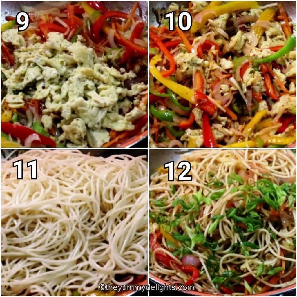 Collage image of 4 steps showing addition of sauces and spices. And stir-frying the noodles to make egg hakka noodles recipe.
