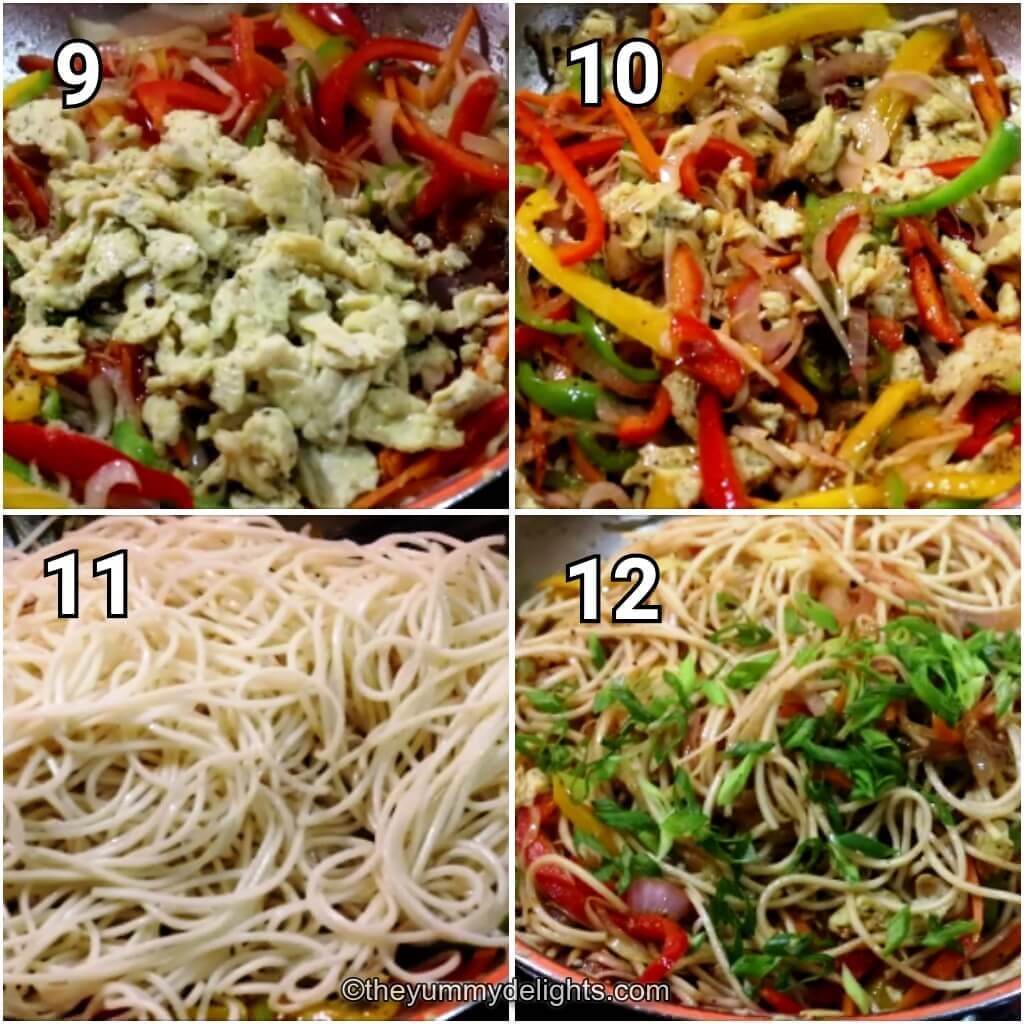 Collage image of 4 steps showing addition of sauces and spices. And stir-frying the noodles to make stir-fried egg hakka noodles recipe.