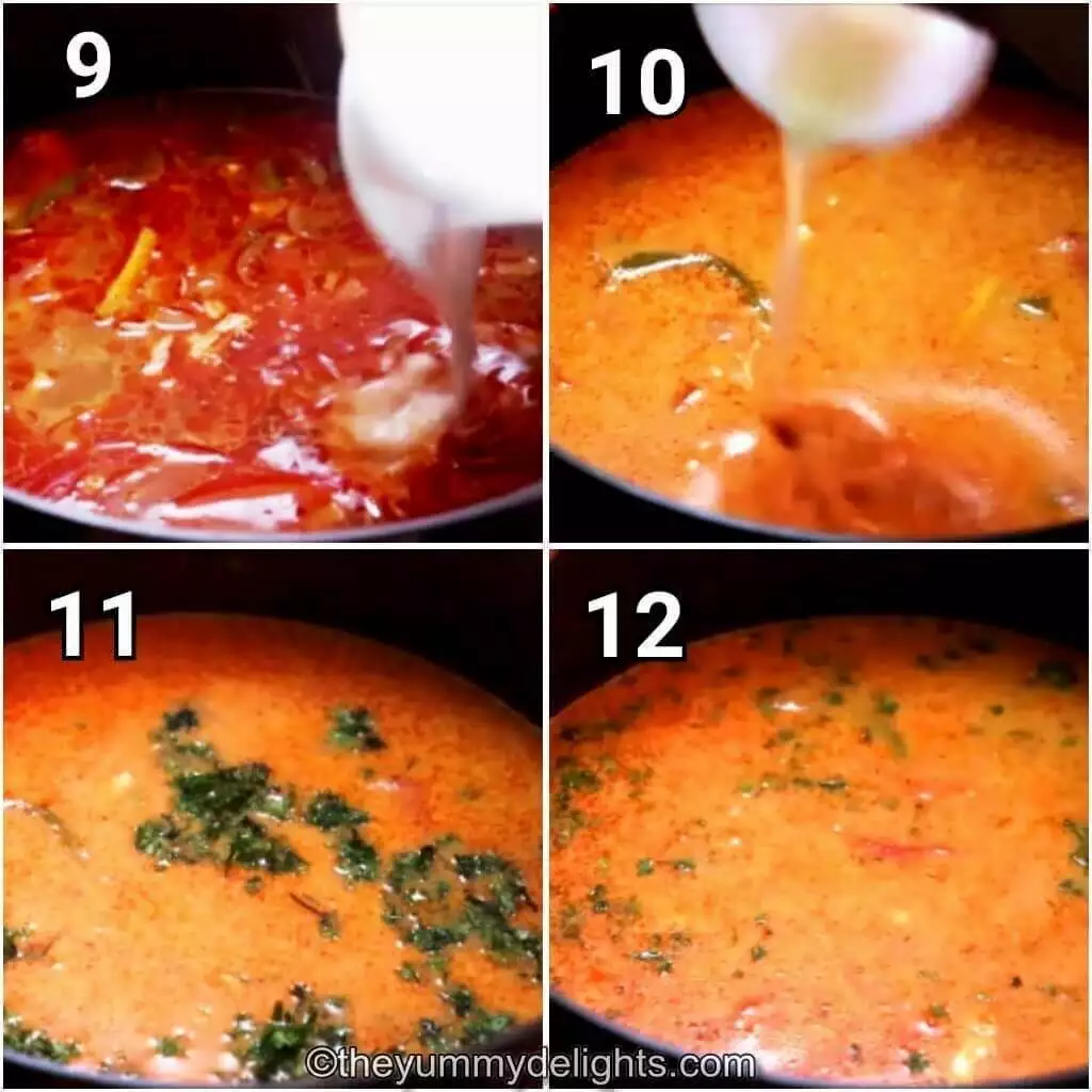 Collage image of 4 steps showing addition of coconut milk and cooking the Thai red curry chicken soup.