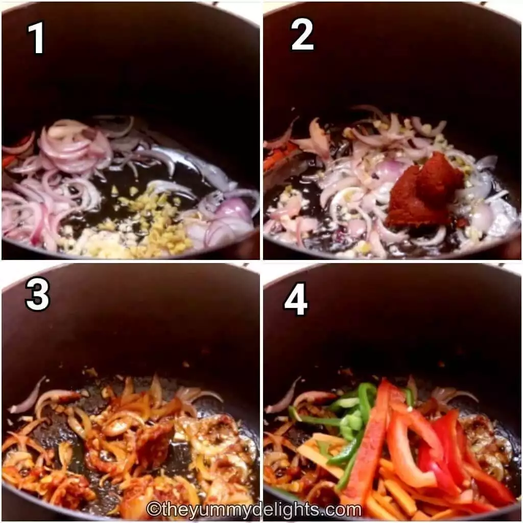 Collage image of 4 steps showing how to make Thai red curry chicken soup. It shows sauteing onions, addition of red curry paste and vegetables.
