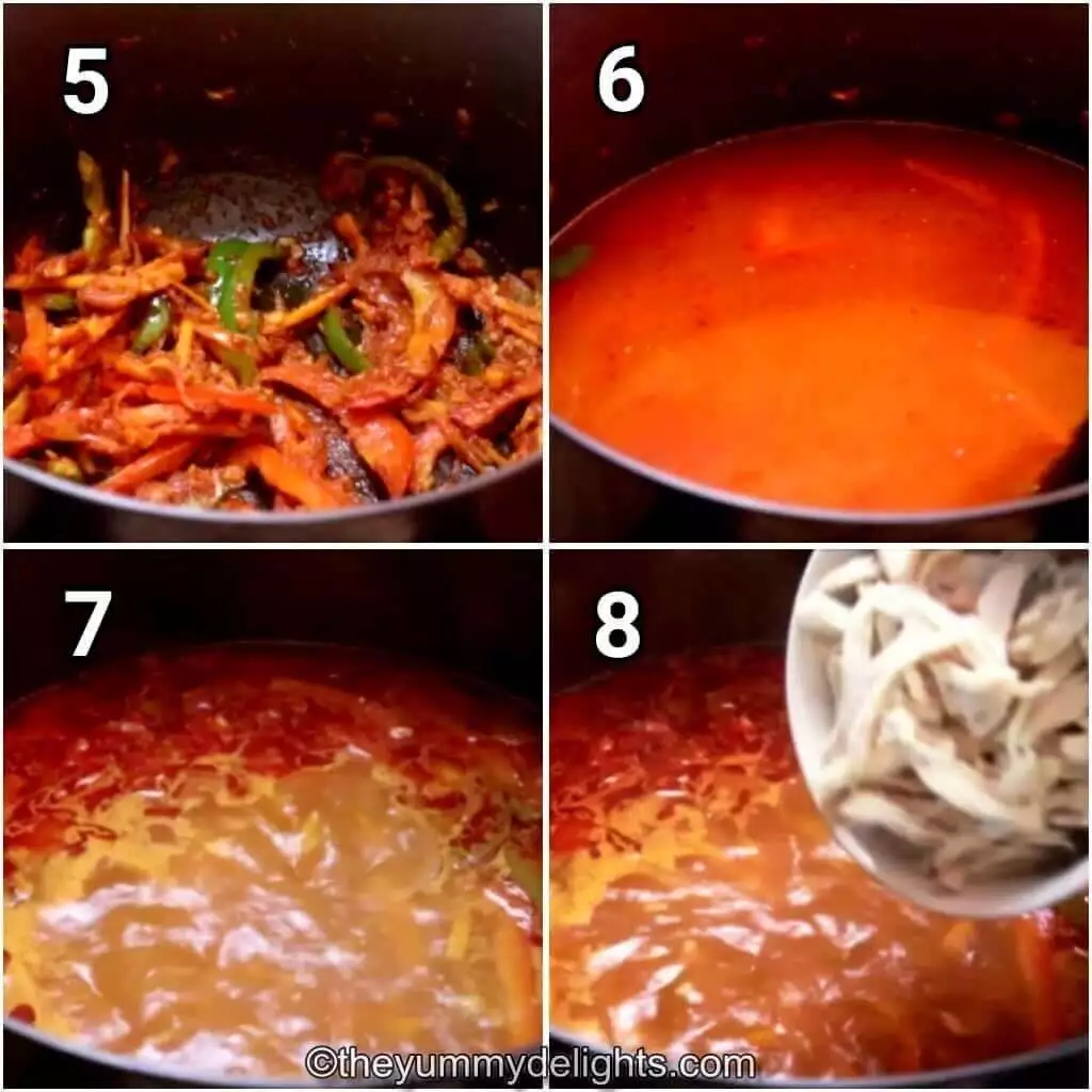 Collage image of 4 steps showing making Thai red curry chicken soup. It shows addition of chicken broth and chicken.