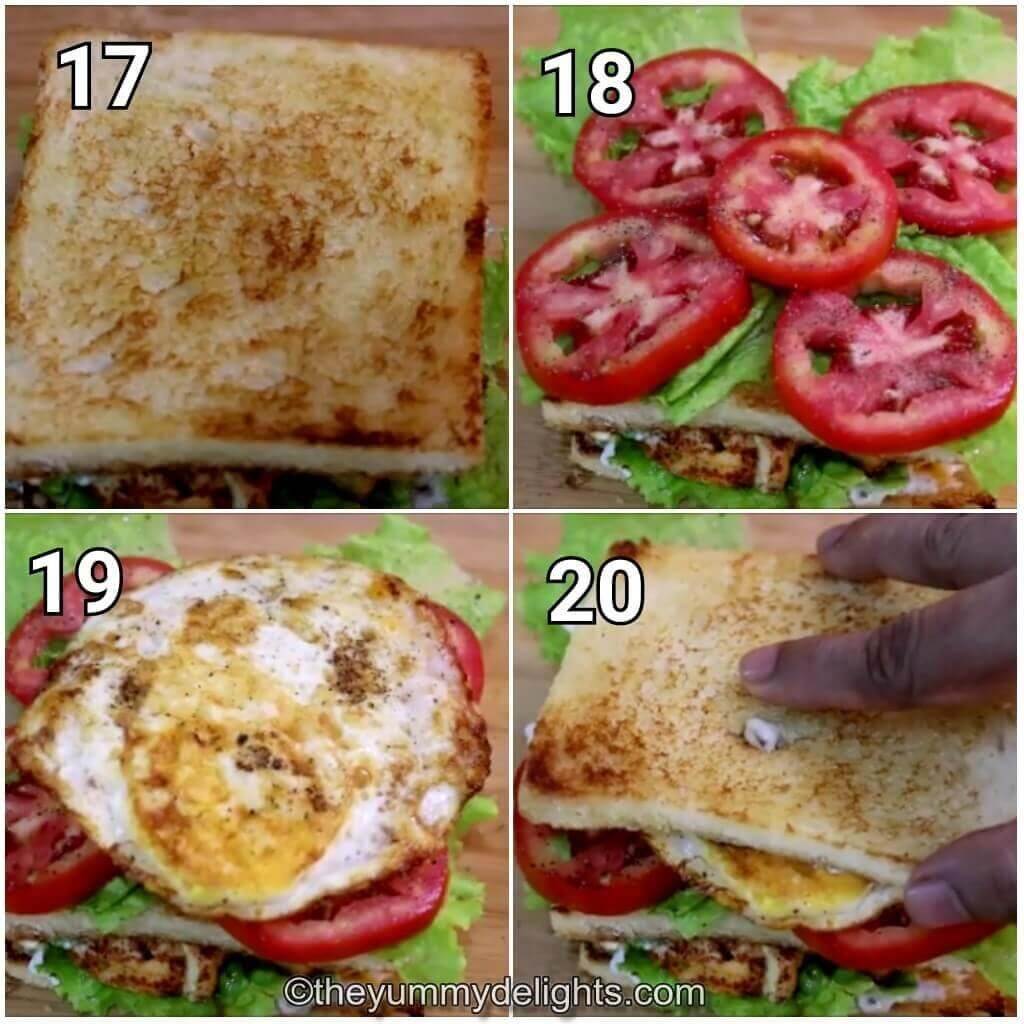 Collage image of 4 steps showing addition of tomatoes and fried eggs to make club sandwich recipe.