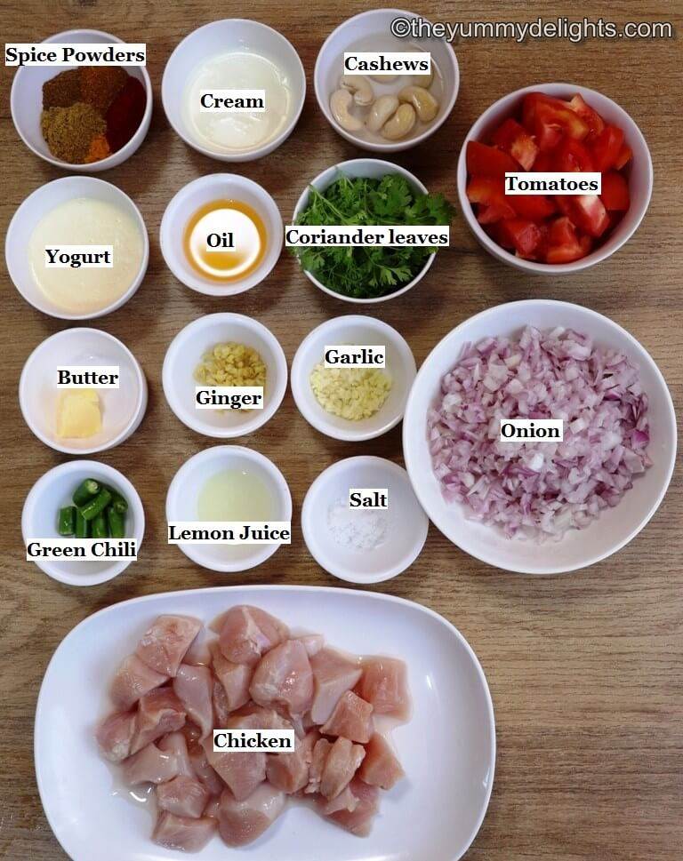 ingredients to make boneless chicken curry laid out on a table.