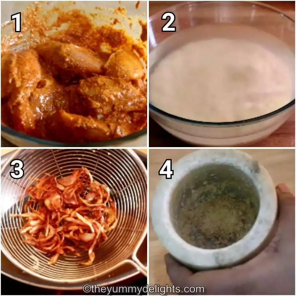 Collage image of 4 steps showing preparations for making butter chicken biryani. It shows marinated chicken, soaked rice, fried onions & spice powder