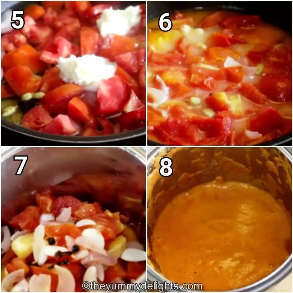 Collage image of 4 steps showing makiing the butter chicken gravy base. It shows boiling the ingredients and grinding it.