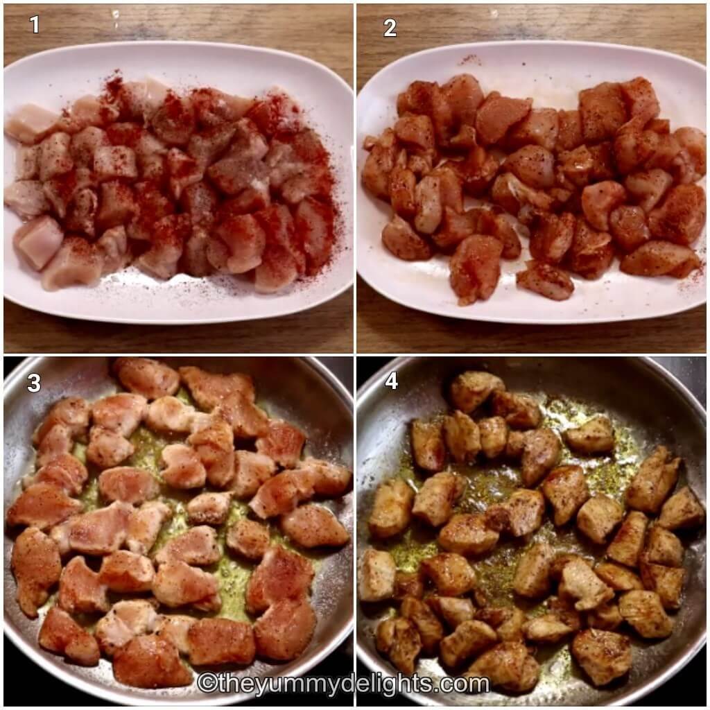 Collage image of 4 steps showing seasoning and pan-frying the chicken to make healthy chicken and broccoli recipe.