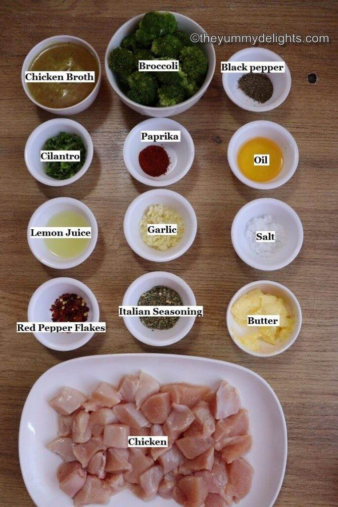 ingredients to make easy chicken and broccoli recipe laid on a table.