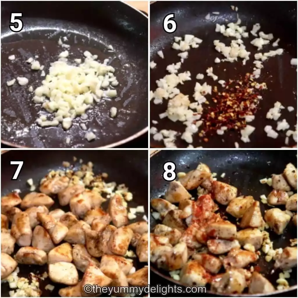 Collage image of 4 steps showing sauteing garlic and red pepper flakes and addition of cooked chicken back to the pan to make garlic butter chicken bites.