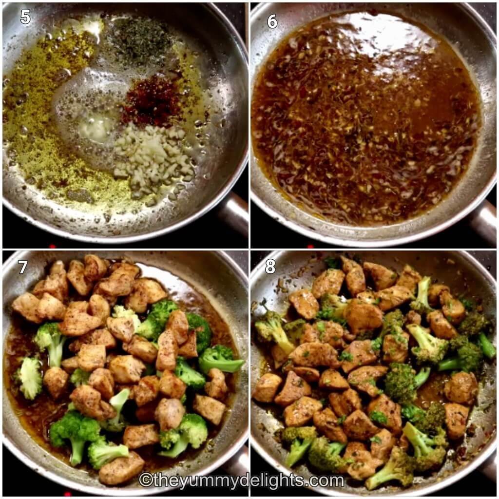 Collage image of 4 steps showing how to make chicken and broccoli recipe. It shows sauteing red pepper flakes and garlic and addition of chicken and broccoli to the pan.