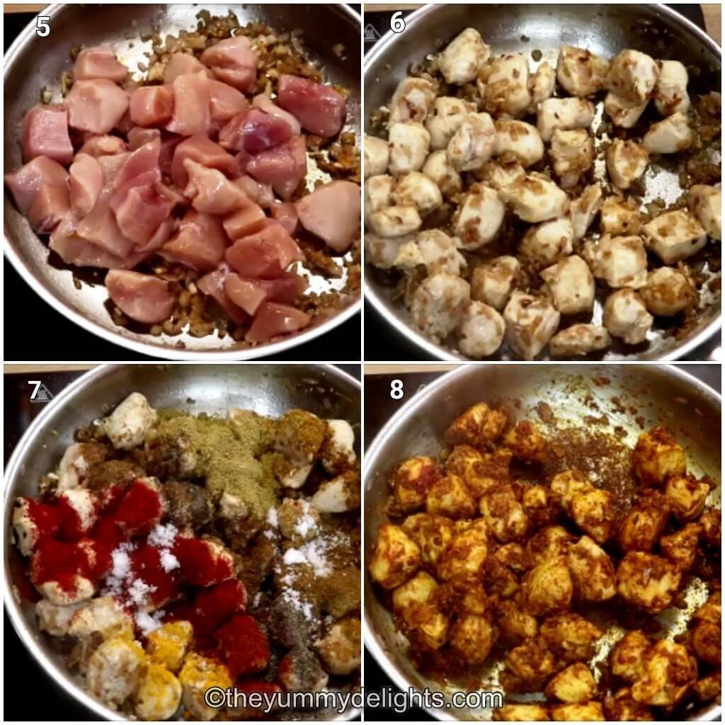 Collage image of 4 steps showing stir-frying the chicken and addition of spices to make chicken jalfrezi recipe.