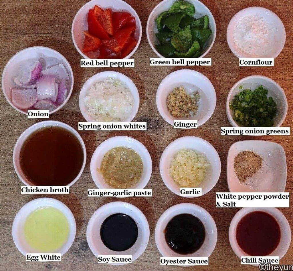 ingredients to make chicken manchurian gravy recipe laid out on a table.
