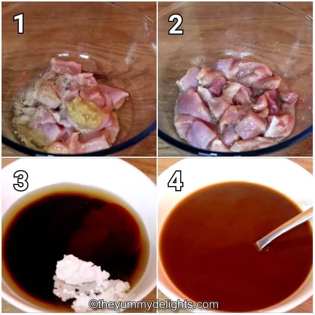Collage image of 4 steps showing preparations for making chicken manchurian gravy.