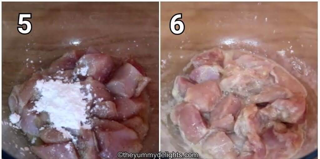 Collage image of 2 steps showing addition of cornflour to the chicken.