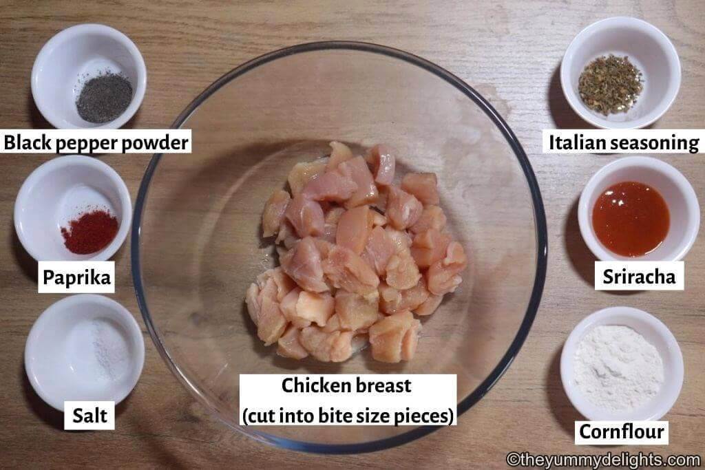 Image of ingredients to make homemade chicken nuggets recipe laid out on a table.