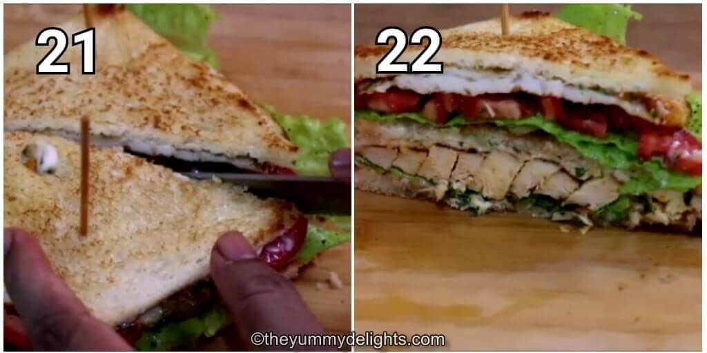 collage image of 2 steps showing slicing the chicken club sandwich.