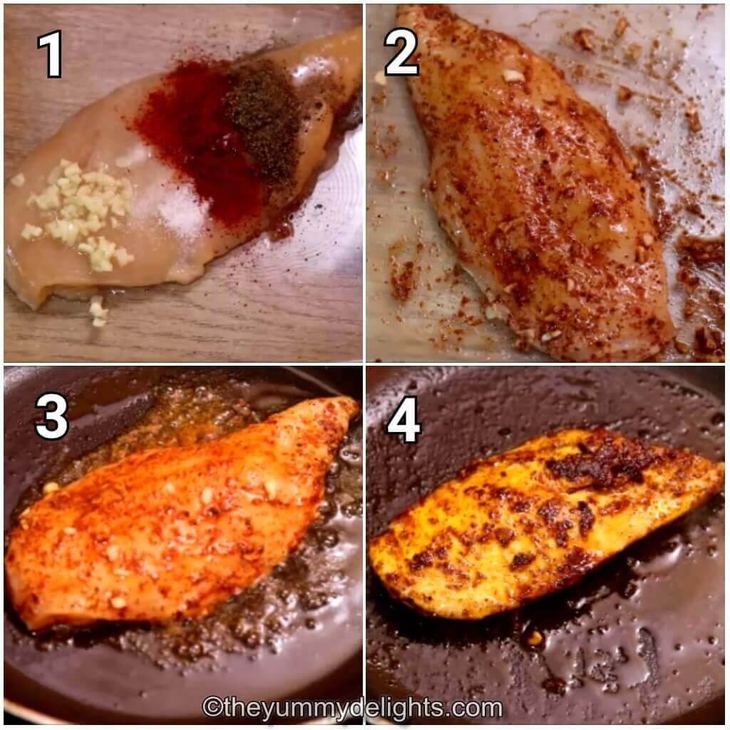 Collage image of 4 steps showing making the grilled chicken for club sandwich.