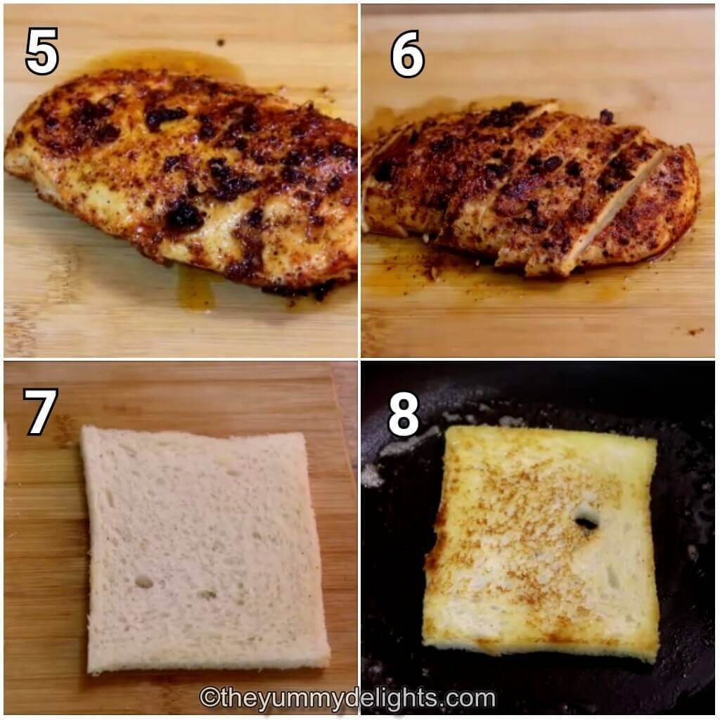 Collage image of 4 steps showing toasting the bread for making chicken club sandwich recipe.