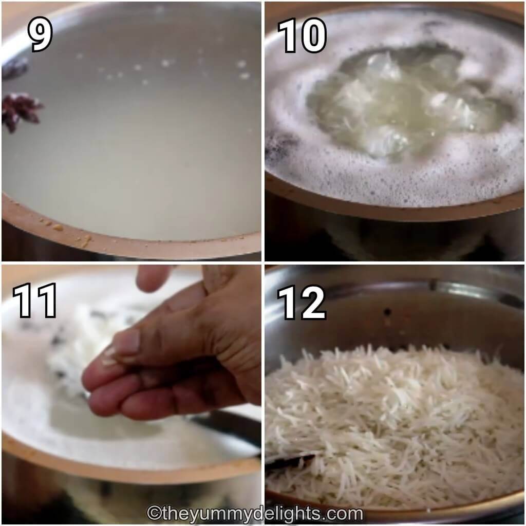 Collage image of 4 steps showing cooking the biryani rice.