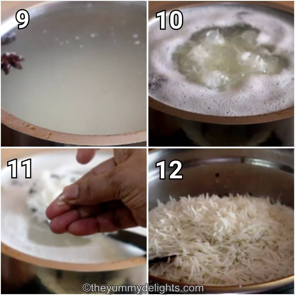 collage image of 4 steps showing how to cook biryani rice for butter chicken biryani. It shows boiling water with spices, cooking basmati rice, and drain the basmati rice.