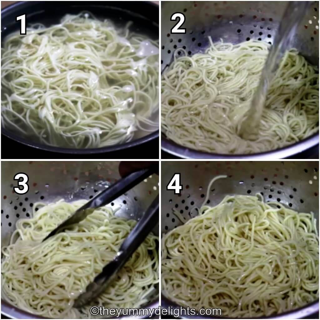 Collage image of 4 steps showing cooking the egg hakka noodles. It shows boiling egg noodles, rinsing it with water and tossing it with oil.