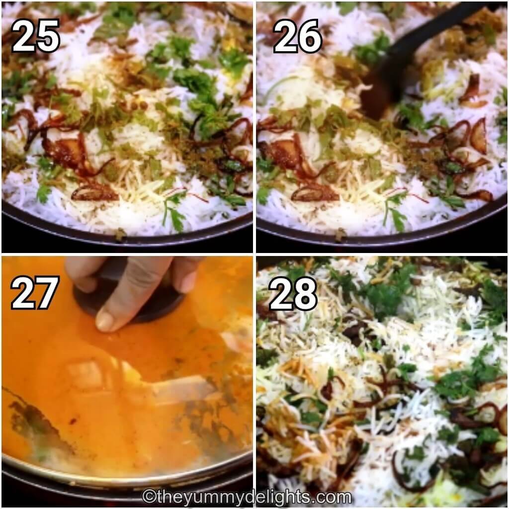 Collage image of 4 steps showing dum cooking the butter chicken biryani.