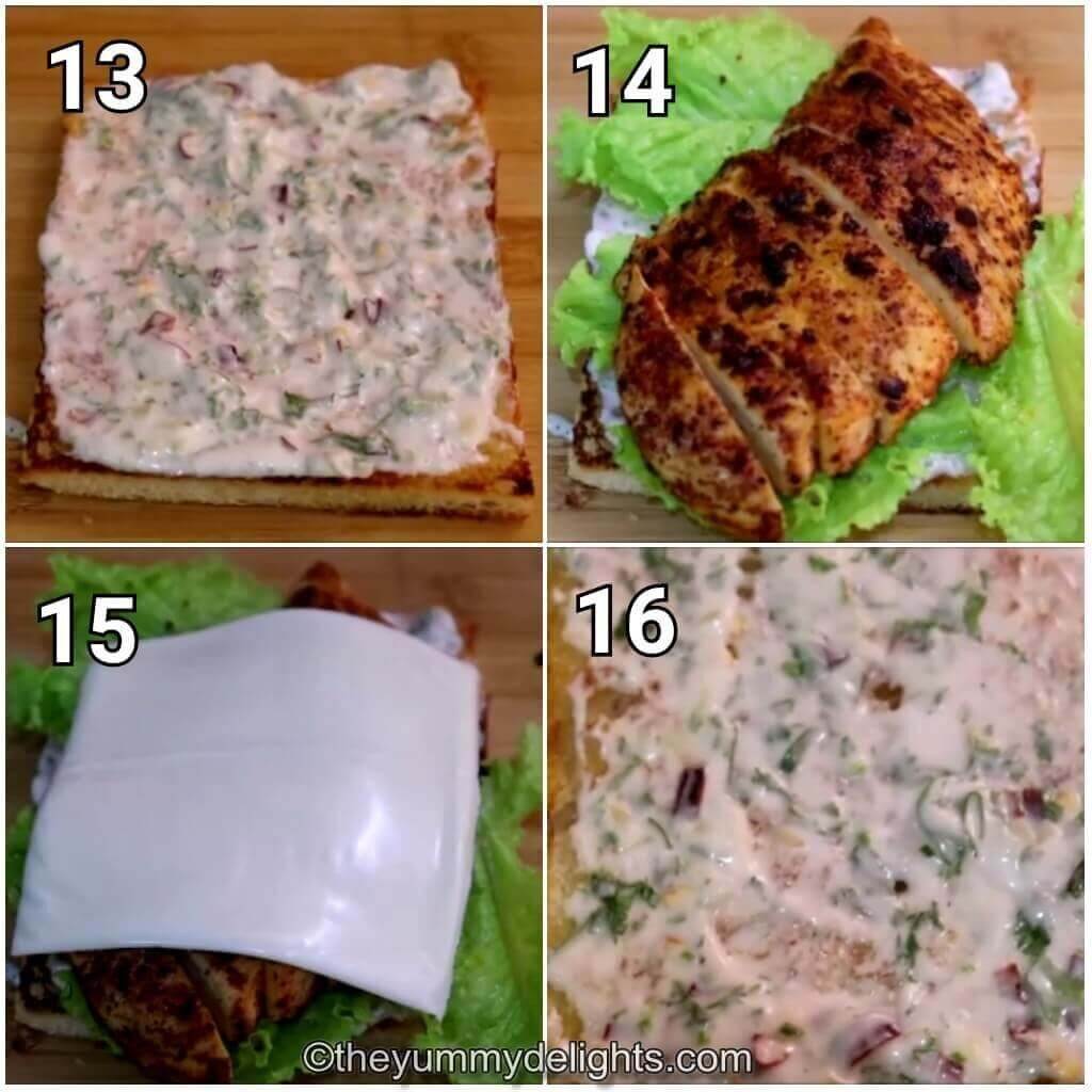 Collage image of 4 steps showing assembling the chicken club sandwich.