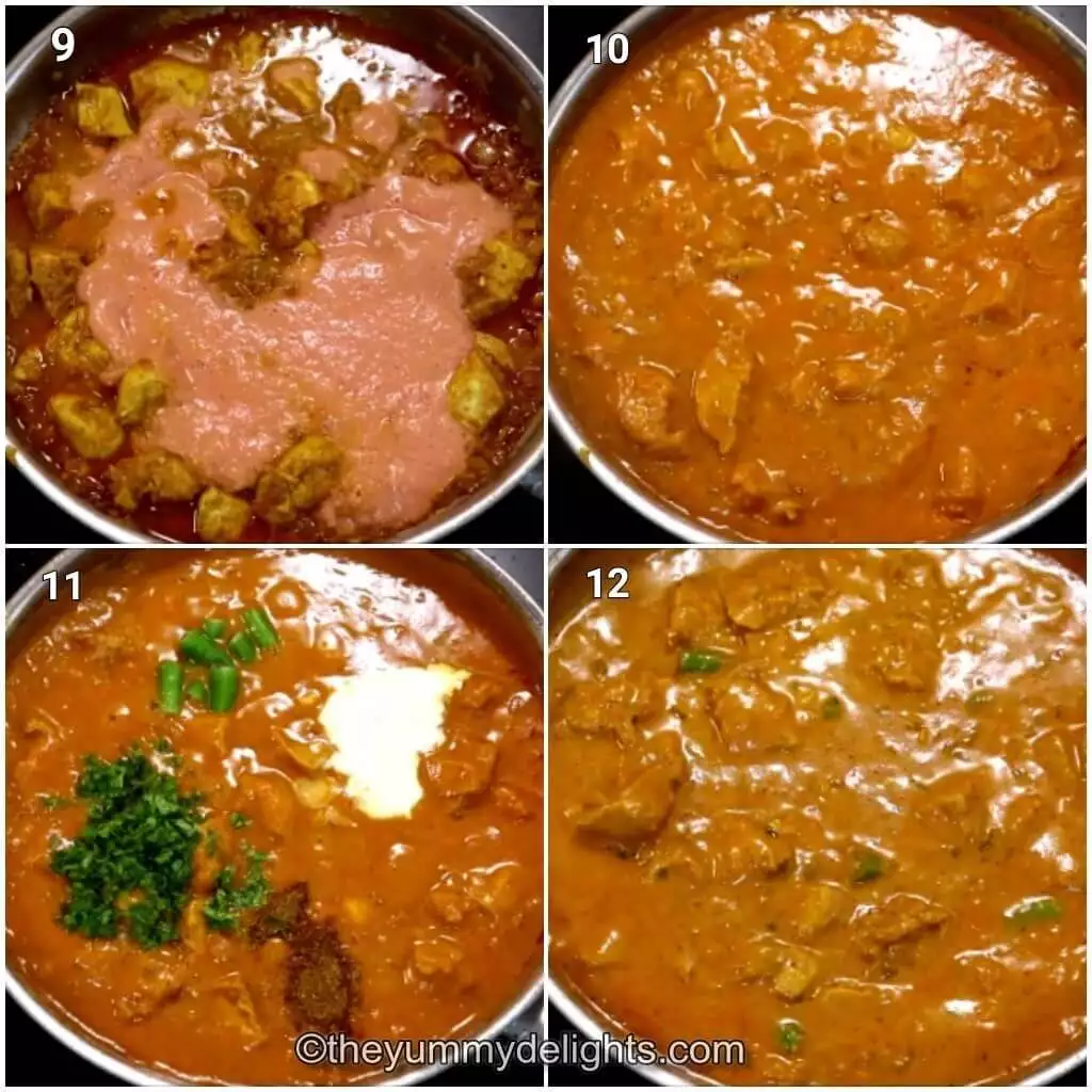 Collage image of 4 steps showing addition of tomato-cashew paste and cream to make Indian chicken curry recipe.